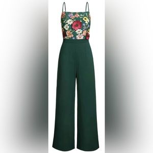 GREEN 3D FLORAL STRAP PATCHWORK JUMPSUIT